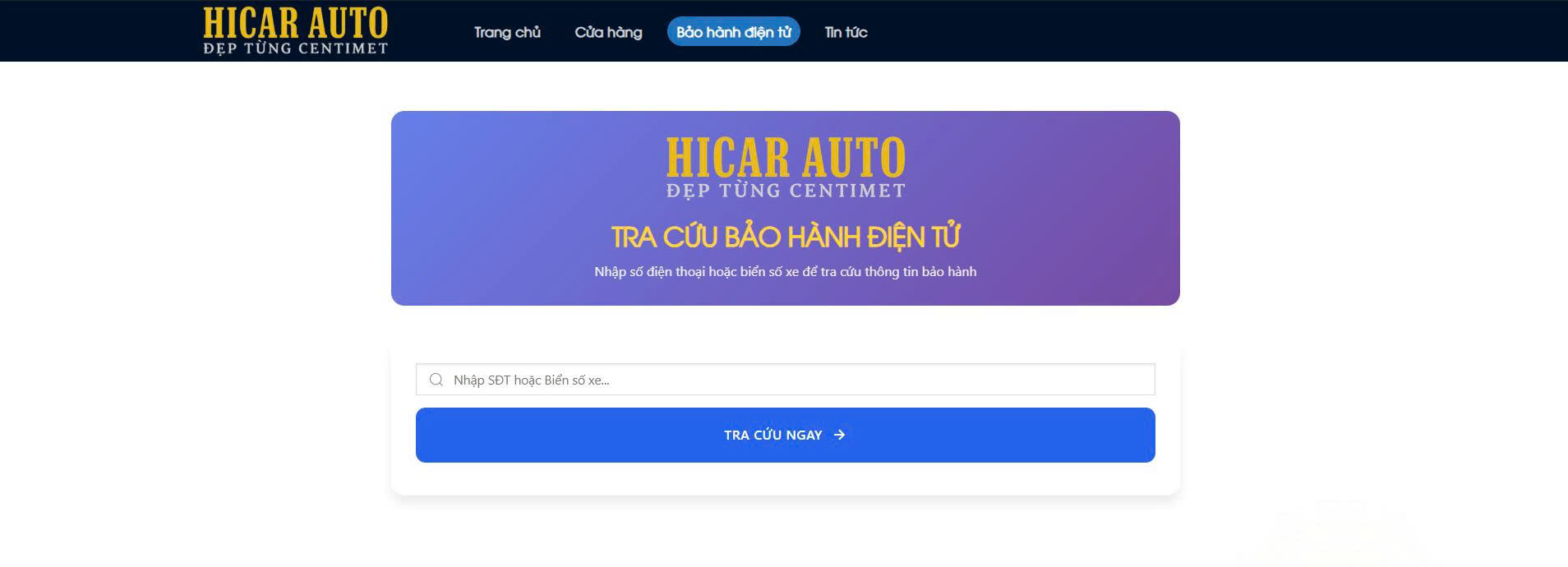 Tra cứu bảo hành điện tử tại Hicar Auto trên trang website