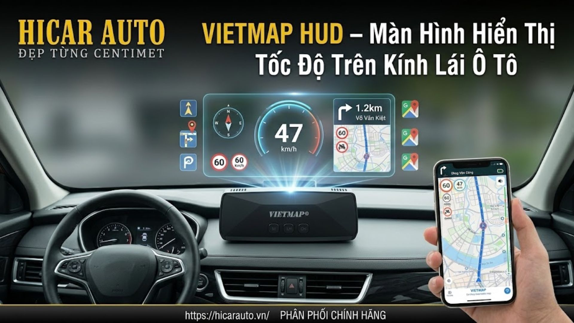 VIETMAP HUD – Man Hinh Hien Thi Toc Do Tren Kinh Lai O To